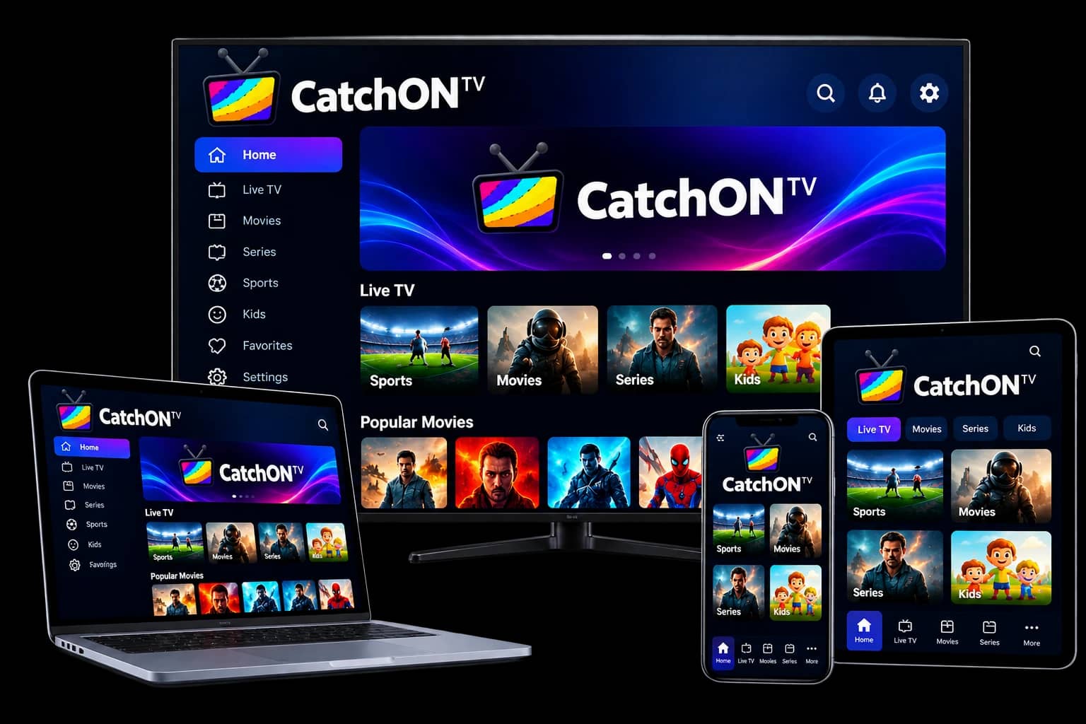 CatchON TV interface displayed on a television, laptop, tablet and smartphone