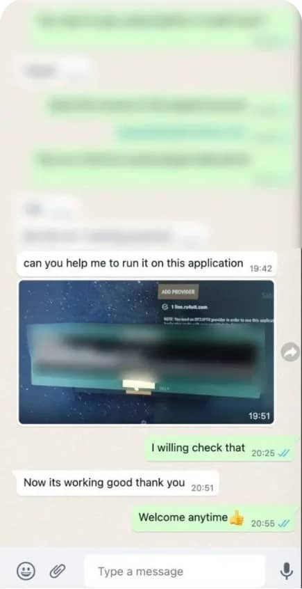 WhatsApp conversation showing player setup help