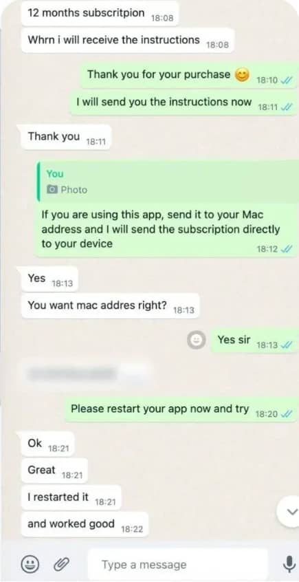 WhatsApp conversation showing subscription activation