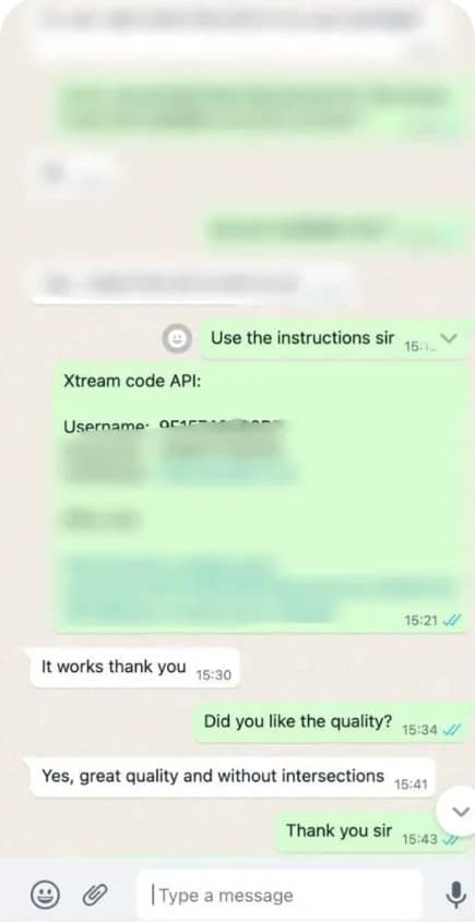 WhatsApp conversation showing streaming support